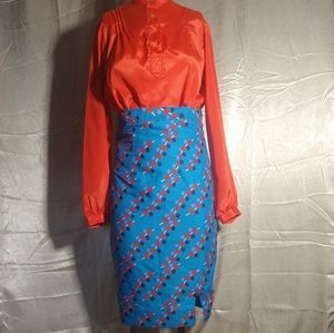 Vintage 50s 60s Mod Geometric Print Blue Red White Pencil Skirt. Modern size 8,